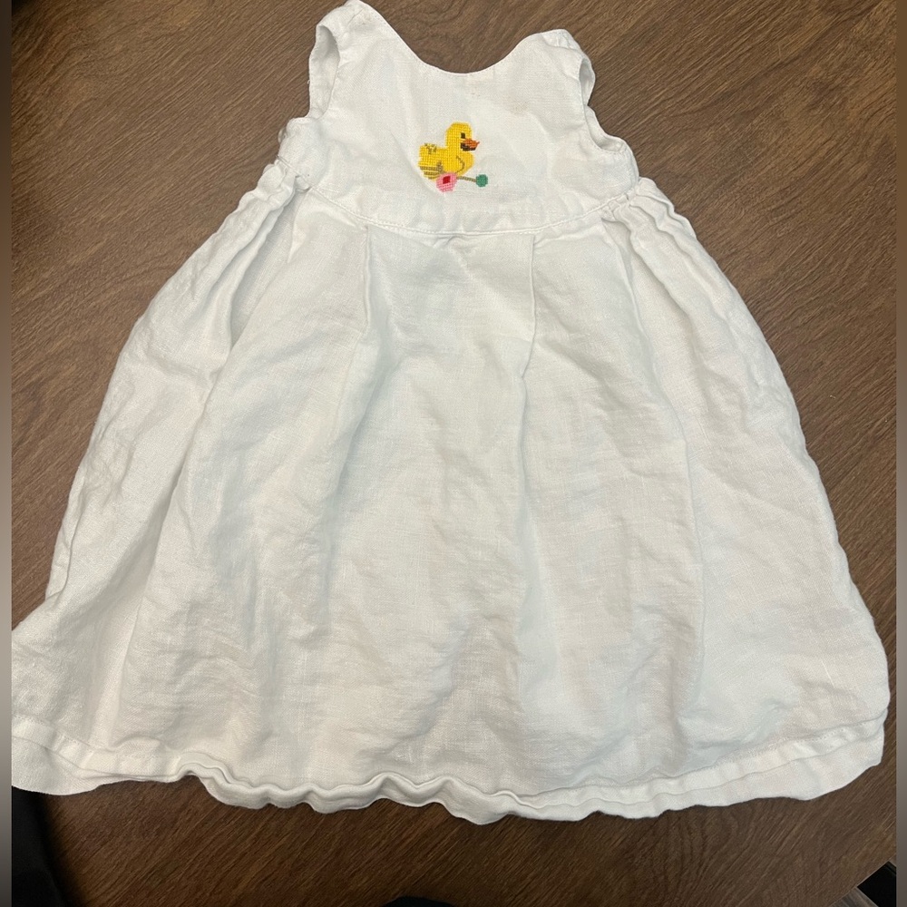White Kids Apron Dress with Duck Embroidery